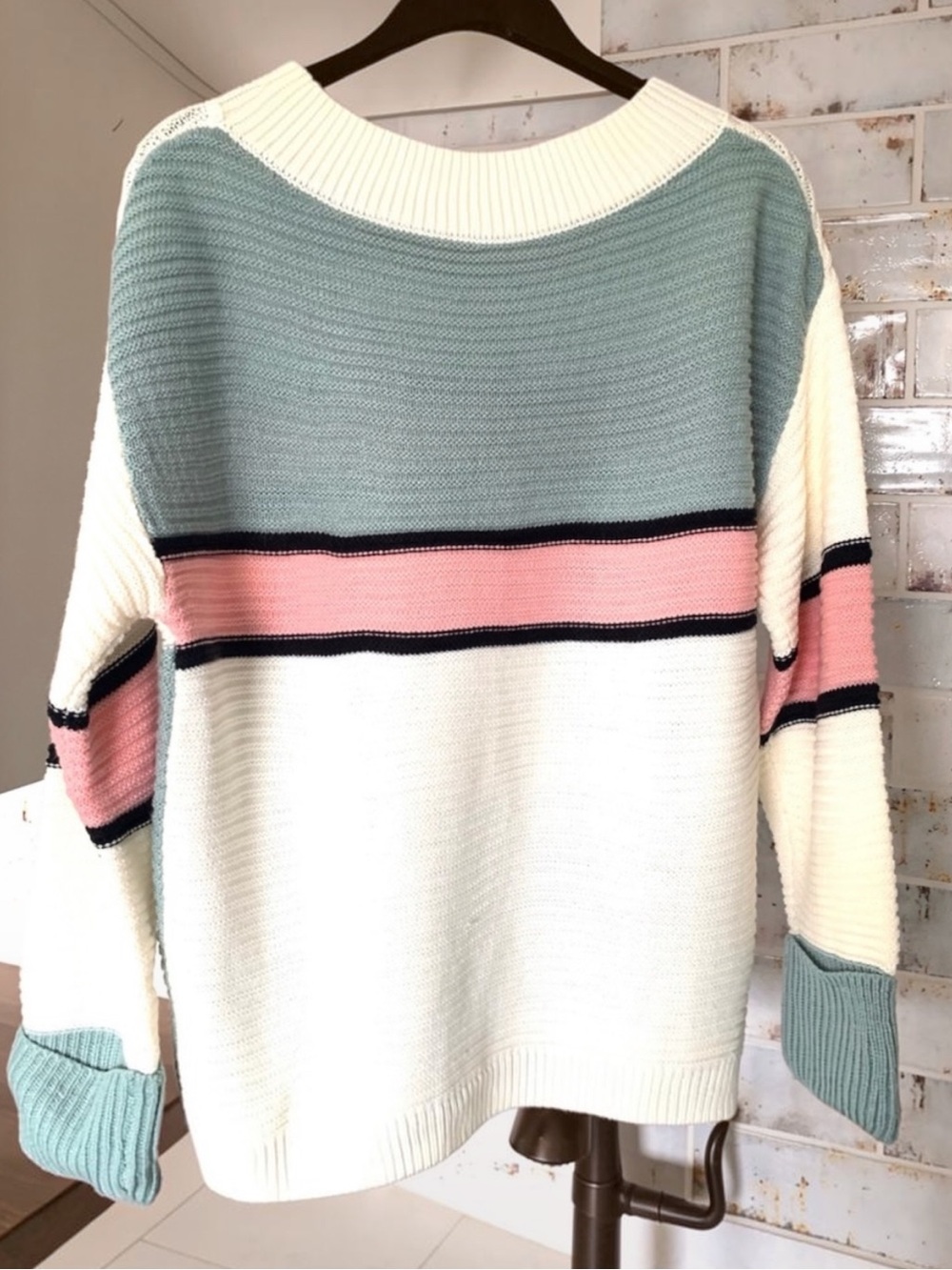 NEW Varsity Stripe Knit Crewneck Pullover Sweater Women’s Sizes Multi Pink White - Picture 4 of 12